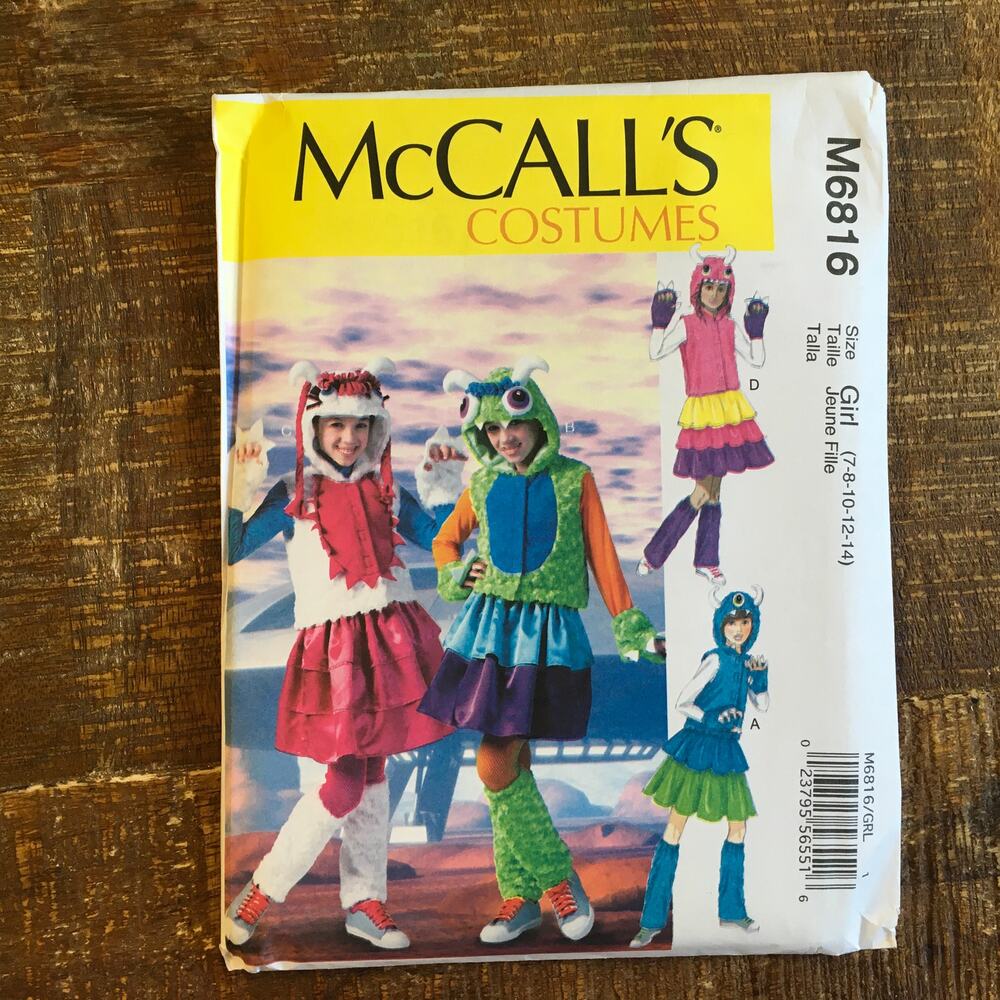 McCalls Sewing Pattern M6816 Girls Kidcore Fuzzy Monster Costume 7-14 UNCUT